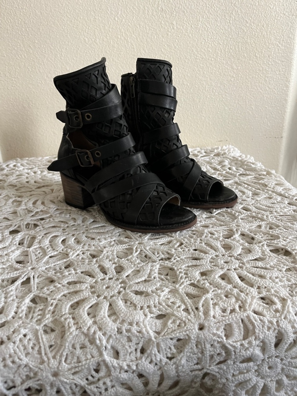 Freebird by Steven Black Leather Cutout Strappy Block Peeptoe Ankle Boot